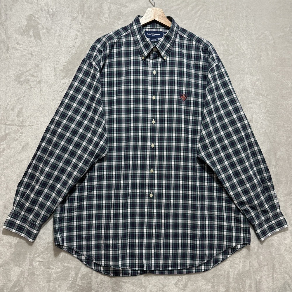 Ralph Lauren Button Down Shirt Mens XL Golf Crest Logo Green Tartan Plaid Tilden
